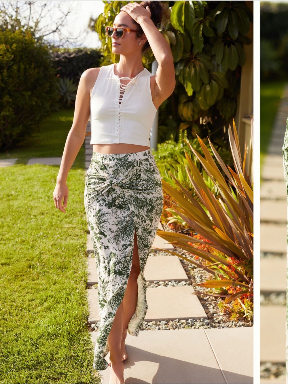 Anthropologie Cream Maxi Skirt with Dark Green Botanical Print